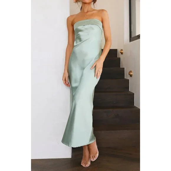 Women's Sage Cocktail Satin Staples Tube Bodycon Backless Party Maxi Dress - Picture 6 of 7